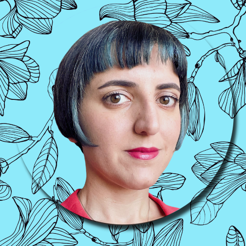 Photo of the author, a white woman with a dark brown bob streaked with turquoise, brown eyes, and red lipstick. The background is turquoise with sketches of magnolia flowers.